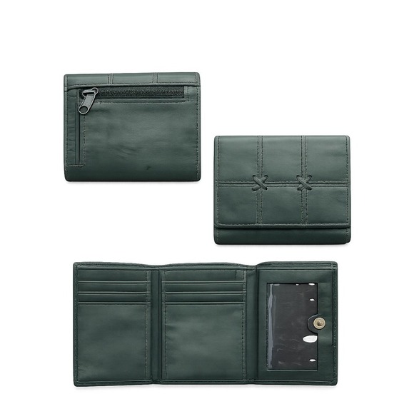 Handbags - Genuine Leather Dark Green Tri-Fold Wallet Multi Card Organizer Zip Coin Pocket